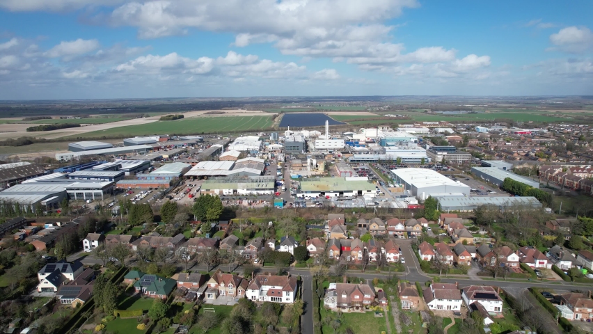 Orchard Road industrial estate Royston Hertfordshire, UK Aerial drone panning shot 4k footage