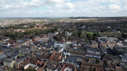 Royston town Hertfordshire, UK Aerial drone 4k footage pull back reveal
