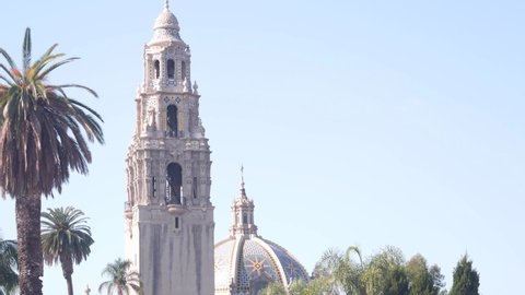 Spanish colonial revival architecture in Balboa Park, San Diego, California USA. Historic building, classic baroque or rococo romance style. Bell tower or belfry, relief stucco ornamental art decor.