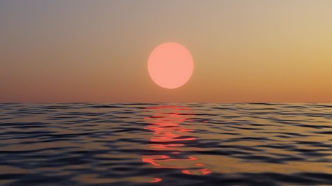 4K 3D animation. Beautiful sunset or sunrise on the ocean. Sun light beam shining through the cloudscape. Wave And Reflection Slow Motion