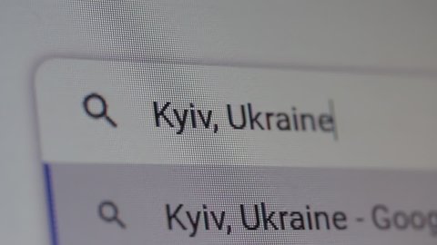 New York, United States - March 2022: Searching for "Kyiv, Ukraine" on the Internet. Close Up. 