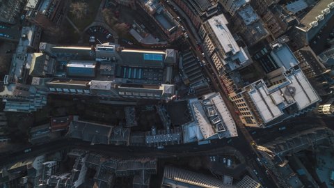 Establishing Aerial View Shot of Edinburgh UK, Scotland United Kingdom, top down overhead