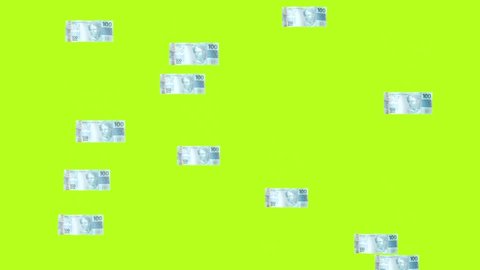 Brazilian real banknotes falling down with green background 3d render