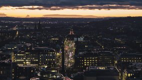 Establishing Aerial View Shot of Edinburgh UK, Scotland United Kingdom, nightlife starts
