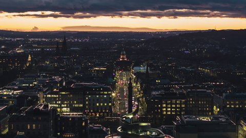 Establishing Aerial View Shot of Edinburgh UK, Scotland United Kingdom, nightlife starts