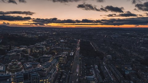 Establishing Aerial View Shot of Edinburgh UK, Scotland United Kingdom, darknes covers city