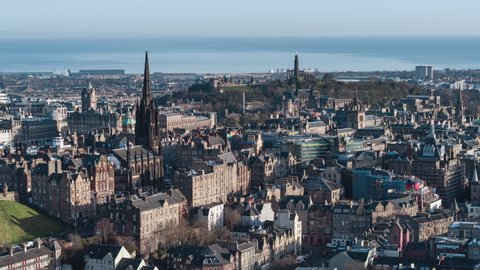 Establishing Aerial View Shot of Edinburgh UK, Scotland United Kingdom, day, local landmarks