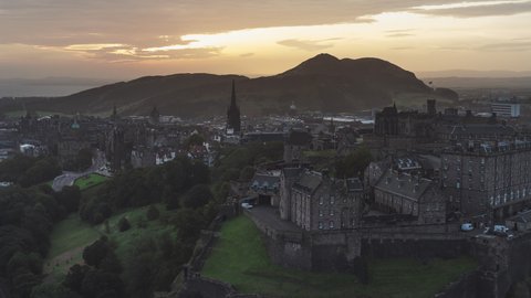 Establishing Aerial View Shot of Edinburgh UK, Scotland United Kingdom, morning hazy light light