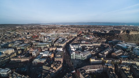 Establishing Aerial View Shot of Edinburgh UK, Scotland United Kingdom, day wide shot