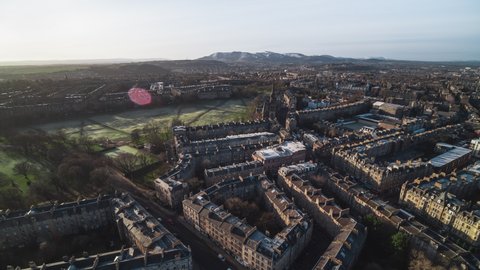 Establishing Aerial View Shot of Edinburgh UK, Scotland United Kingdom, super wide, incredible view