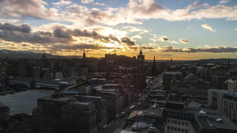 Establishing Aerial View Shot of Edinburgh UK, Scotland United Kingdom, nice light