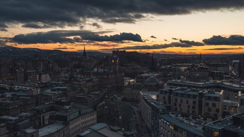 Establishing Aerial View Shot of Edinburgh UK, Scotland United Kingdom, evening welcoms city