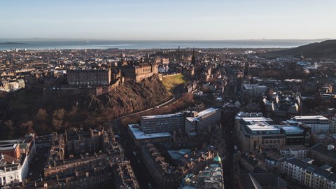 Establishing Aerial View Shot of Edinburgh UK, Scotland United Kingdom, castle view