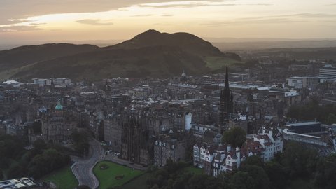 Establishing Aerial View Shot of Edinburgh UK, Scotland United Kingdom, stunning light light