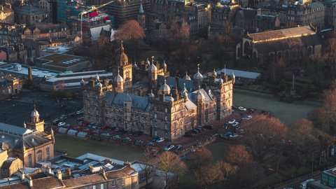 Establishing Aerial View Shot of Edinburgh UK, Scotland United Kingdom, gorgeous architecture of old town