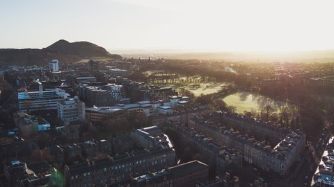 Establishing Aerial View Shot of Edinburgh UK, Scotland United Kingdom, sensational light over city