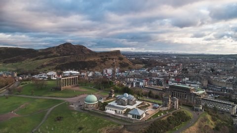 Establishing Aerial View Shot of Edinburgh UK, Scotland United Kingdom, Calton Hill