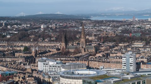 Establishing Aerial View Shot of Edinburgh UK, Scotland United Kingdom, perplexing view