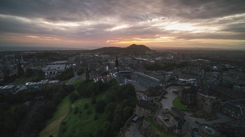 Establishing Aerial View Shot of Edinburgh UK, Scotland United Kingdom, beautiful light