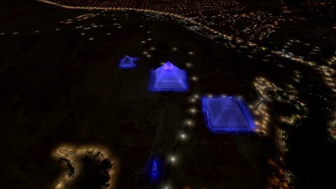 Aerial night view of pyramids in Egypt Cairo are structures whose outer surfaces are triangular and converge to single step at top making shape roughly a pyramid in geometric sense 4k animation