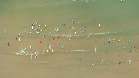 Aerial 4K view of Houhai Bay surfing village in Sanya, Hainan island, China