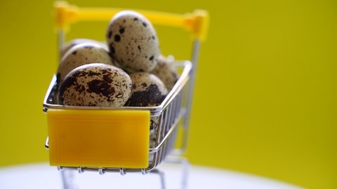 A basket full of raw quail eggs is moving. Isolated on yellow background. Close-up.