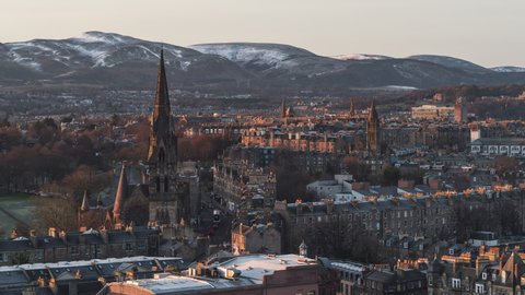 Establishing Aerial View Shot of Edinburgh UK, Scotland United Kingdom, city skyline, day