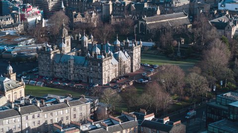 Establishing Aerial View Shot of Edinburgh UK, Scotland United Kingdom, beautiful city
