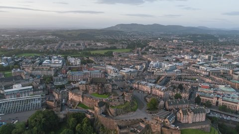 Establishing Aerial View Shot of Edinburgh UK, Scotland United Kingdom, wide view