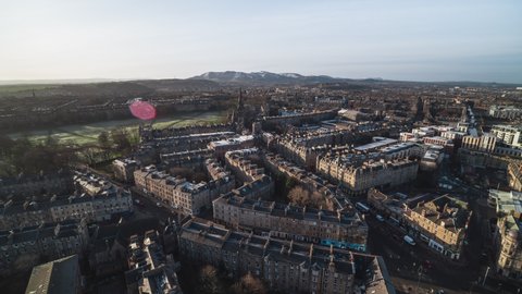 Establishing Aerial View Shot of Edinburgh UK, Scotland United Kingdom, stunning architecture