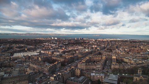 Establishing Aerial View Shot of Edinburgh UK, Scotland United Kingdom, vast city