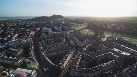 Establishing Aerial View Shot of Edinburgh UK, Scotland United Kingdom, super wide view