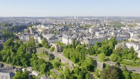 Inscription on video. Luxembourg, Historical city center in the morning. Text from small balls, Aerial View