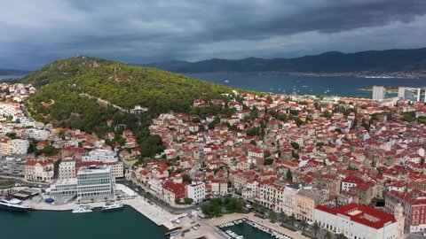 Aerial View Of Split City In The Bright Summer Day In Croatia - drone shot.Old town of Split in Dalmatia, Croatia. Split is the famous city and top tourism destination of Croatia and Europe