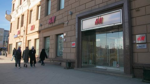 Moscow, Russia - March 2022 Closed HM in the shopping street center in Moscow
