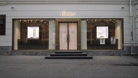 Moscow, Russia - March 2022 Closed Cartier store in Moscow