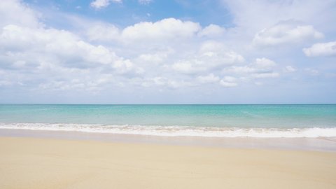 Beach space area white clouds background. Landscape Sea nature white clean sandy with blue sky. cloudscape and seascape. Video 4k copy space 2022.
