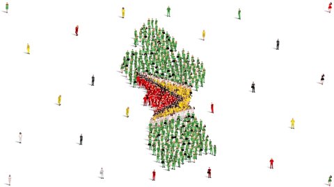 Guyana Map and Flag. A large group of people in the Guyana flag color form to create the map. 4K Animation Video.