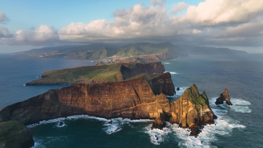 Beautiful landscape on Madeira island. Atlantic ocean waves crashing over the rocks of Madeira island. cape at the eastern part of the island. Portugal