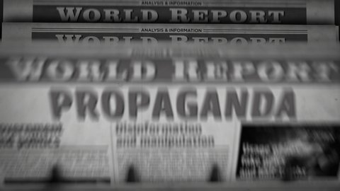 Propaganda, fake news, manipulation and disinformation. Vintage newspaper printing abstract concept. Retro 3d black and white animation.