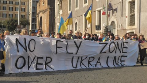 Italy, Rome, March 13, 2022. Billboard No Fly Zone Over Ukraine At The Protest Against The War In Ukraine
