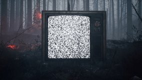 An old television stands in a burnt-out dark forest. Vintage TV set in the middle of a mystical forest. Apocalyptic forest concept. Animation perfect for retro, vintage or apocalyptic backgrounds - Powered by Shutterstock - Get 15% off with code: PIKWIZARD15