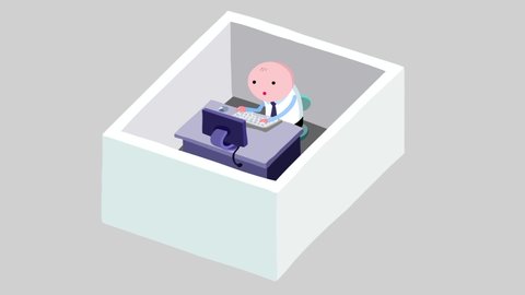 Cartoon office employee in a cubicle – explainer style color. One worker. He is working all day with no break. Seamless loop of the futuristic society. luma mattee