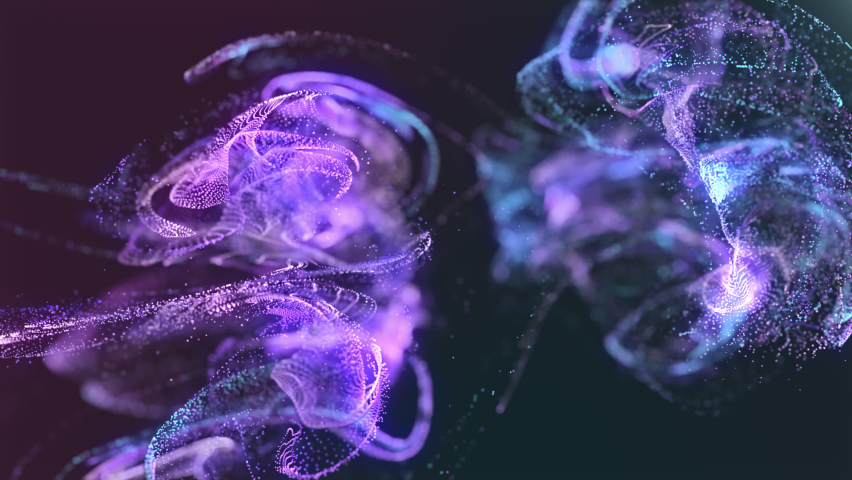 Fluid elegant particles flowing in slow motion on dark background.