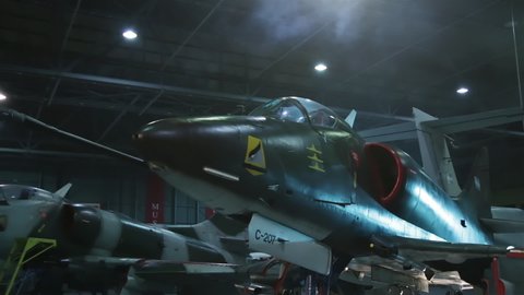 Buenos Aires, Argentina - March 2022: The Historic Jet Fighter Douglas A-4P Skyhawk C-207 (sank 3 British Ships during Falklands War) on Display in the National Museum of the Air Force Argentina.