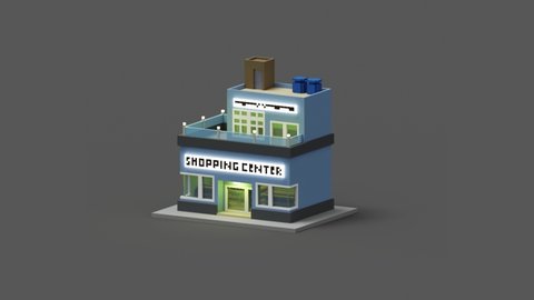 Animation of 3D shopping center building illustration using voxel art style. 3D Rendering animation with brown, blue, white, black and grey color scheme