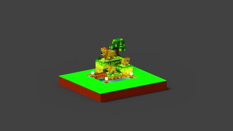Rotating of 3D Lion and mini zoo rendering using voxel art style. With Green, brown, blue and yellow color scheme.
