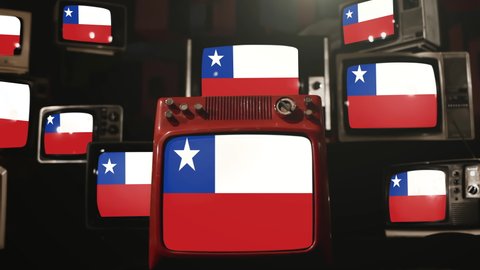Chile National Flag and Vintage Televisions. 4K Resolution.