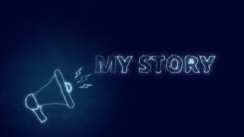 Megaphone banner with text my story. Plexus style of blue glowing dots and lines