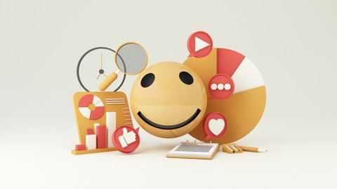 Digital Marketing, web analytics and marketing social media concept with play, chat message, love icon, magnifying glass and display bar and smile face yellow background. 3d rendering animation looped